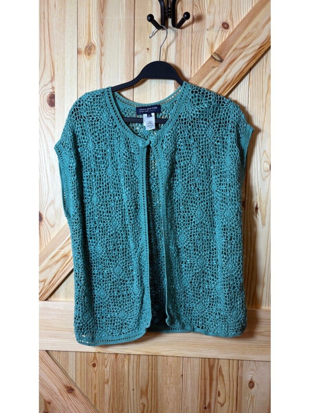Jones New York Signature Woman 1X Teal Crochet Open Cardigan Vest